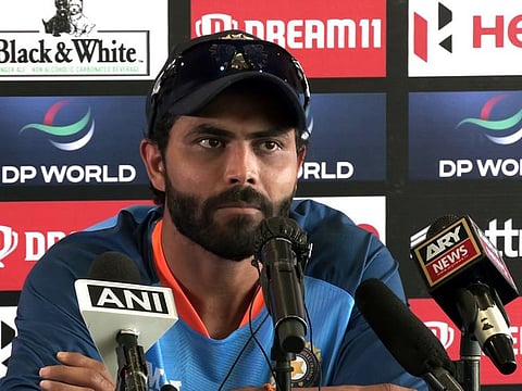 India's Ravindra Jadeja addresses a press conference ahead of the Hong Kong match in the Asia Cup 2022, in Dubai tonight.