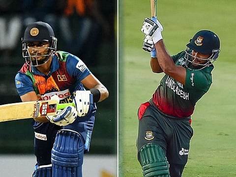 Captains Dasun Shanaka (left) of Sri Lanka and Shakib Al Hasan of Bangladesh will pull out all stops to win the encounter in Dubai on Thursday, as the winners will secure a Super 4 spot in the DP World Asia Cup cricket tournament.