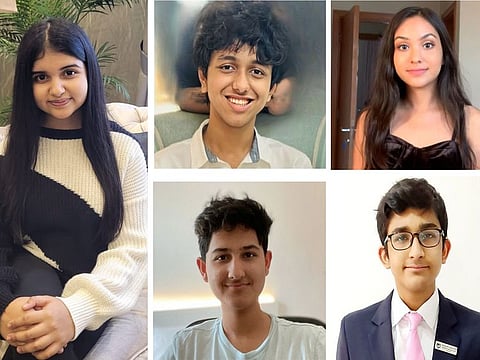 (Clockwise from left) Himakshi Shastri, Aryan Kundra, Viha Kedia, Siddhaarth Chakravarthy and Aryaman Arora shine at the World Schools Debate Championship.