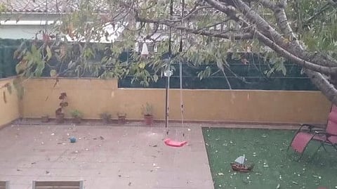 Hail falls into a garden of a residential building in Girona, Spain August 30, 2022 in this still image obtained from a social media video.