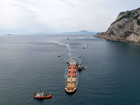 Aerial view shows the extent of the leak by the half sunk cargo ship OS 35 in Catalan Bay after its collision on Wednesday with an LNG tanker near Gibraltar, September 2, 2022.
