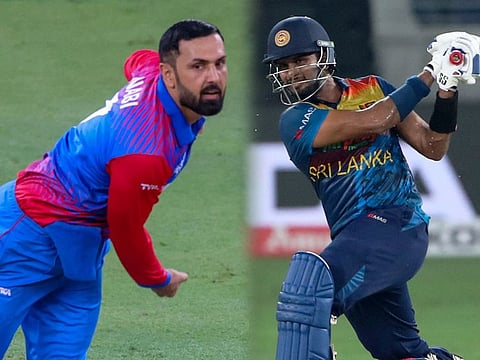 Captains Mohammad Nabi of Afghanistan and Dasun Shanaka of Sri Lanka. The two countries face off in the Super 4 of the DP World Asia Cup at the Sharjah Cricket Stadium on Saturday (September 3, 2022).