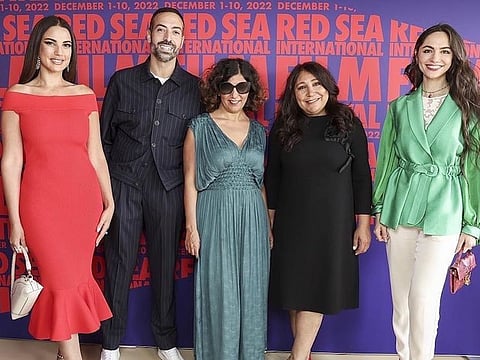 Mohammed Al Turki, CEO of The Red Sea International Film Festival, in Venice with Tunisian actress Dorra Zarrouk, Saudi director Haifaa al-Mansour, Tunisian director Kaouther Ben Hania, and Saudi actress Sumaya Rita. 