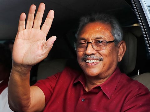 Sri Lanka's president Gotabaya Rajapaksa waves to supporters in a Nov. 17, 2019, file photo.