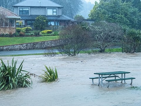 A view of flooding in Nelson, South Island, New Zealand, on August 17, 2022.  Wild weather battered New Zealand last month, especially on the South Island where widespread flooding led to hundreds of homes being temporarily evacuated.