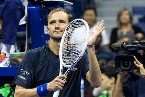 Russia's Daniil Medvedev celebrates after winning against China's Wu Yibing during his 2022 US Open Tennis tournament men's singles third round match at the USTA Billie Jean King National Tennis Center in New York.