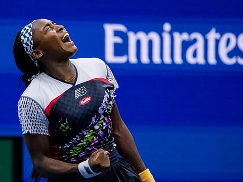 USA's Coco Gauff celebrates after defeating China's Shuai Zhang during their 2022 US Open Tennis tournament women's singles Round of 16 match at the USTA Billie Jean King National Tennis Center in New York.
