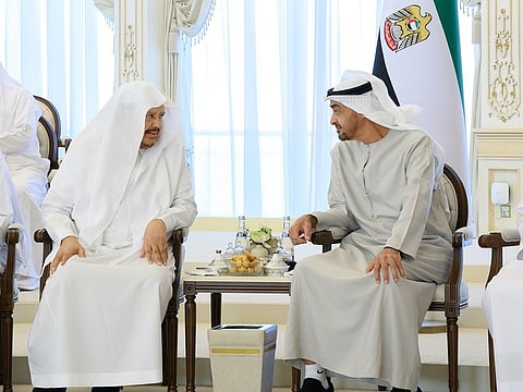 His Highness Sheikh Mohamed bin Zayed Al Nahyan, President of the United Arab Emirates (right), receives Dr Abdullah ibn Muhammad Ash-Sheikh, the Chairman of the Majlis Ash-Shura (Consultative Assembly) of the Kingdom of Saudi Arabia, at Qasr Al Bahr Majlis.