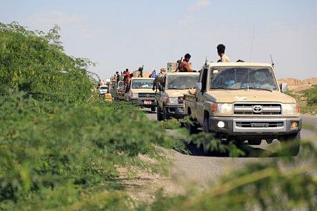 Military personnel of Yemen's Southern Transitional Council are pictured during their redeployment from the southern Yemeni province of Abyan.