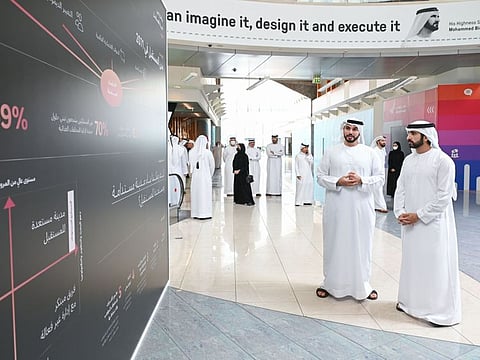 Sheikh Hamdan was briefed by graduates on a set of projects, future scenarios and recommendations that they have designed and developed at the graduation ceremony on Wednesday..