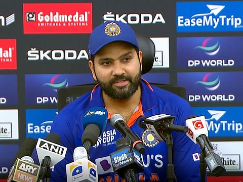 Indian captain Rohit Sharma addresses the press conference after the loss to Sri Lanka in the DP World Asia Cup, at the Dubai International Stadium on September 6, 2022.