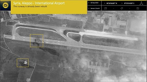 A satellite image depicting the damage at Aleppo airport in northern Syria following several Israeli strikes earlier on August 31. 