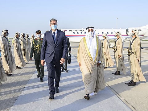 President Aleksandar Vucic of the Republic of Serbia (left) with Ahmed Ali Al Sayegh, Minister of State, upon his arrival in Abu Dhabi