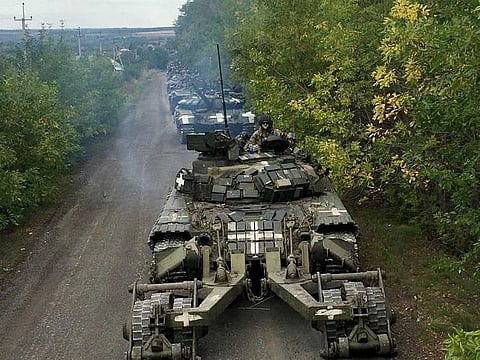 This handout picture released by the Ukrainian Ministry of Defence on September 12, 2022 and taken at an undefined location shows a column of tanks of the Ukrainian army  during an offensive, amid the Russian attack of Ukraine. 