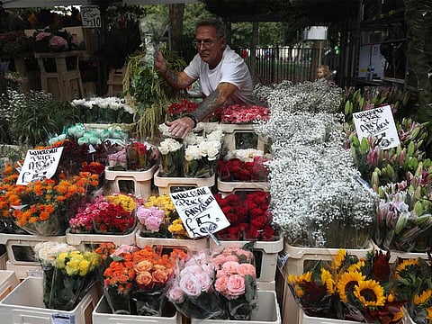 A flower seller arranges his stock on a stall at Columbia Road Flower Market in east London.