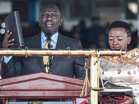 Incoming Kenyan President William Ruto, flanked by his wife Rachel, takes the oath of office at the Moi International Sports Centre Kasarani in Nairobi, Kenya, on September 13, 2022 during the inauguration ceremony.  