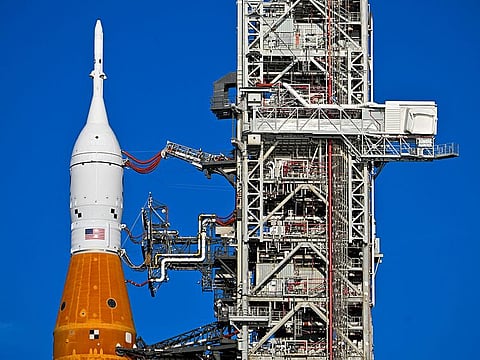 The Artemis I unmanned lunar rocket sits on its launch pad 39B at NASA's Kennedy Space Center in Cape Canaveral, Florida.  