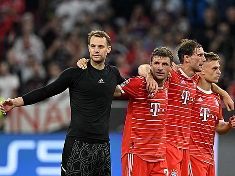 (From left) Bayern Munich's German goalkeeper Manuel Neuer, Bayern Munich's German forward Thomas Mueller, Bayern Munich's German midfielder Leon Goretzka and Bayern Munich's German midfielder Joshua Kimmich celebrate their team's win after the UEFA Champions League Group C football match between FC Bayern Munich and FC Barcelona in Munich, southern Germany on September 13, 2022.