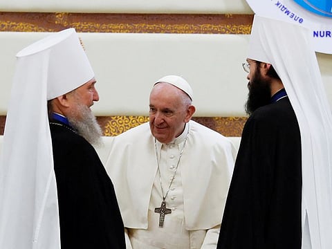 Pope Francis meets Bishop Anthony of the Russian Orthodox Church on the day of the VII Congress of Leaders of World and Traditional Religions at the Palace of Independence in Nur-Sultan, Kazakhstan, on September 14, 2022.  