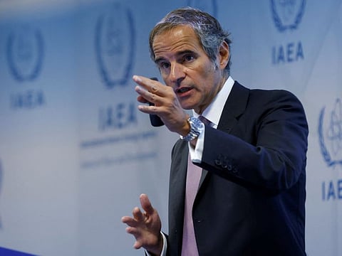 International Atomic Energy Agency (IAEA) Director-General Rafael Grossi addresses a news conference during an IAEA Board of Governors meeting in Vienna on September 12, 2022. 