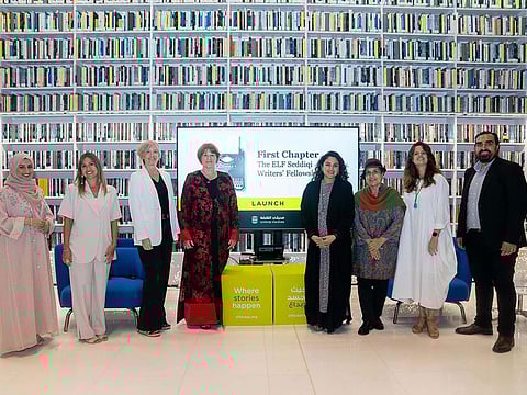 The launch of the First Chapter, the ELF Seddiqi Writers’ Fellowship at the MBR Library in Dubai on Wednesday. From left to right: Eman Al Yousuf, Sara Abdullah, Annabel Kantaria, Isobel Abulhoul, Ahlam Bolooki, Najwa bin Shatwan, Zana Bonafe and Mustafa Alrawi.