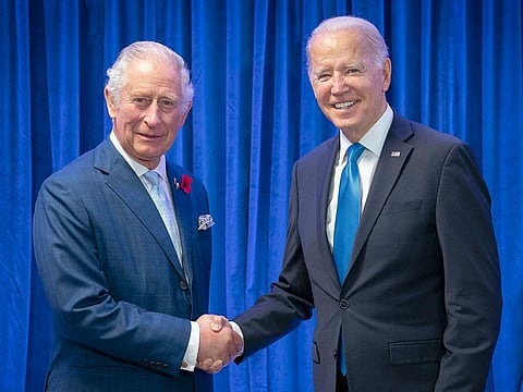 Britain's Prince Charles, left, greets the President Joe Biden ahead of their bilateral meeting during the Cop26 summit at the Scottish Event Campus (SEC) in Glasgow, Scotland, Nov. 2, 2021.