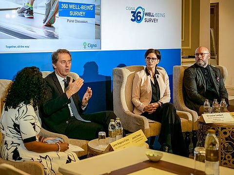 Jerome Droesch, CEO of Cigna International Markets for Domestic Health and Health Services; Scott Armstrong - Founder of mentl and Dr Louise Lambert, Director of Happiness & Wellbeing Programs, during a panel discussion announcing the findings of Cigna’s 360 Well-being Survey. 