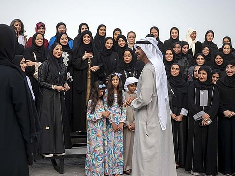 His Highness Sheikh Mohamed bin Zayed Al Nahyan, speaks with a delegation of women representative of UAE society, on International Women’s Day (March 08, 2022)