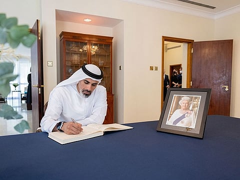 heikh Khaled bin Mohamed Bin Zayed offering his condolences on the passing of Queen Elizabeth II at the British Embassy in Abu Dhabi on Friday.