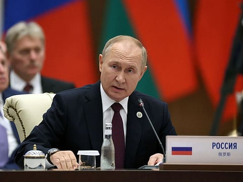 Russian President Vladimir Putin addresses the Shanghai Cooperation Organisation (SCO) leaders' summit in Samarkand on September 16, 2022. 