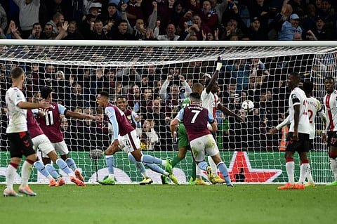 Aston Villa's Jacob Ramsey (centre left) celebrates after scoring during the English Premier League match against Southampton at Villa Park in Birmingham, England.