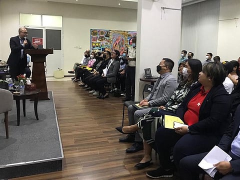 Philippine consul-general Renato Dueñas Jr addressing the gathering on Friday night at the consulate in Dubai 