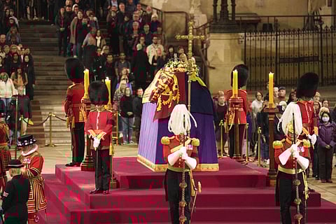 The coffin of Queen Elizabeth II lies in state on the catafalque in Westminster Hall, London, on September 17, 2022.  