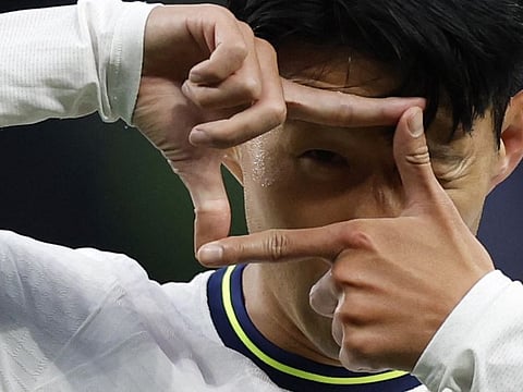 Tottenham Hotspur's Son Heung-min celebrates scoring his third goal against Leicester in the Premier League clash.