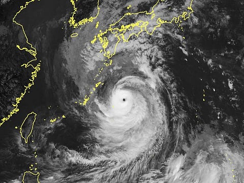 This handout photo taken and released on September 17, 2022 by the Japan Meteorological Agency shows satellite imagery shows Typhoon Nanmadol located near the southern remote islands of Japan. 