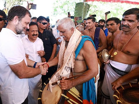 Congress leader Rahul Gandhi meets Melam maestro Peruvanam Kuttan Marar during the 13th day of his party's Bharat Jodo Yatra, in Alappuzha on Tuesday, September 20, 2022.