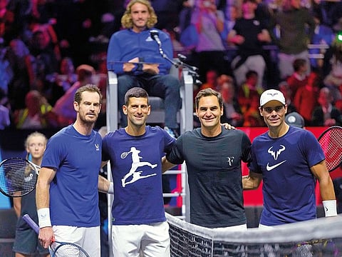 From left: Britain's Andy Murray, Serbia's Novak Djokovic, Switzerland's Roger Federer and Spain's Rafael Nadal attend a training session ahead of the Laver Cup on Thursday.