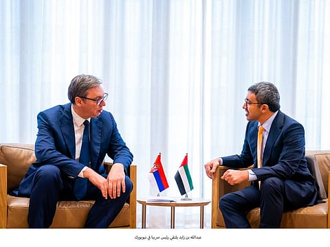 Sheikh Abdullah bin Zayed Al Nahyan, Minister of Foreign Affairs and International Cooperation, during meeting with President Aleksandar Vučić of Serbia, on the sidelines of the 77th session of the UN General Assembly in New York.