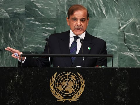 Prime Minister of Pakistan Shehbaz Sharif speaks at the 77th session of the United Nations General Assembly on September 23, 2022 in New York City. 
