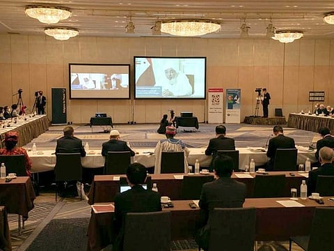 Sheikh Abdullah Bin Bayyah, President of the Abu Dhabi Forum for Peace, gives his welcome address at the First Multi-Religious Peace Roundtable, in Tokyo, Japan. Bin Bayyah noted that the UAE was first country to establish a ministry of tolerance and co-existence and made  the values of peace, harmony, negotiations and dialogue one of ''The 10 principles for the next 50 years''. 