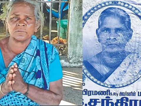 Chandra after returning home. Right: An obituary poster stuck on a wall leading to her home. 