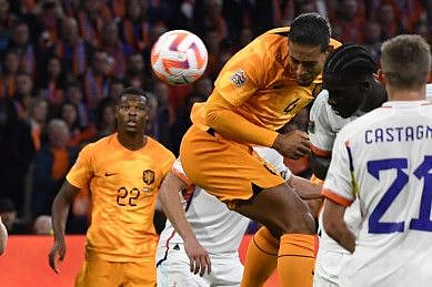 Netherlands' defender Virgil van Dijk scores during the UEFA Nations League's League A Group 4 match against Belgium, at Johan Cruyff Arena in Amsterdam.