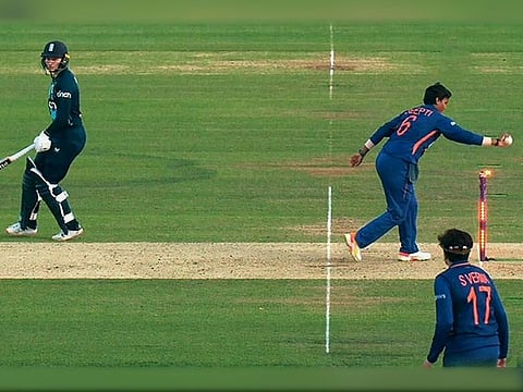 India’s Deepti Sharma runs out non-striker Charlie Dean of England in the third One-Day International at Lord’s, London, on September 24, 2022. 