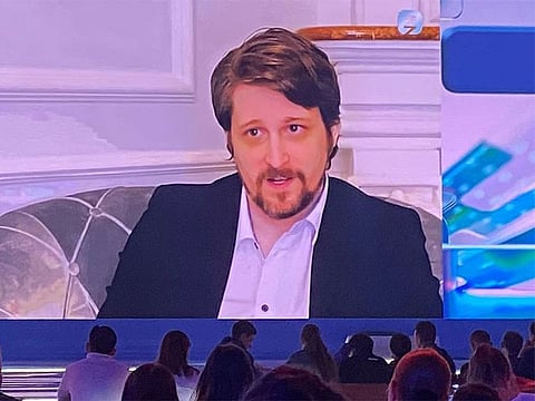 Edward Snowden is seen on a screen during his interview presented via video link at the New Knowledge educational online forum in Moscow, Russia September 2, 2021. 