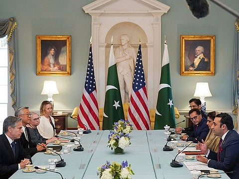 US Secretary of State Antony Blinken, left, meets with Pakistani Foreign Minister Bilawal Bhutto-Zardari at the State Department in Washington, on September 26, 2022. 