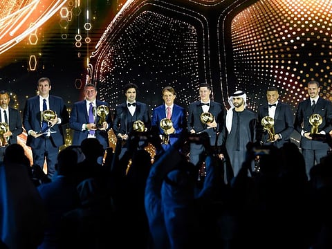 Kylian Mbappe, Robert Lewandowski, Leonardo Bonucci, Alexia Putellas, Roberto Mancini and others after receiving their awards from Sheikh Mansoor Bin Mohammed Bin Rashid Al Maktoum at The annual Globe Soccer Awards in Dubai.