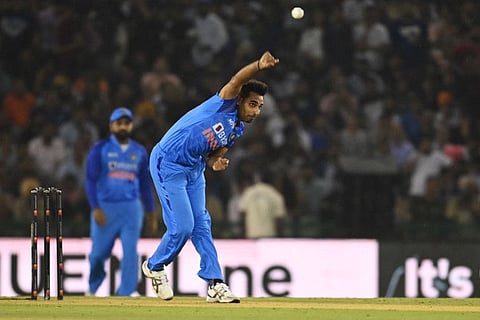 India's Bhuvneshwar Kumar delivers a ball during the Twenty20 international against Australia. The veteran pacer has not been in his best in the final overs.