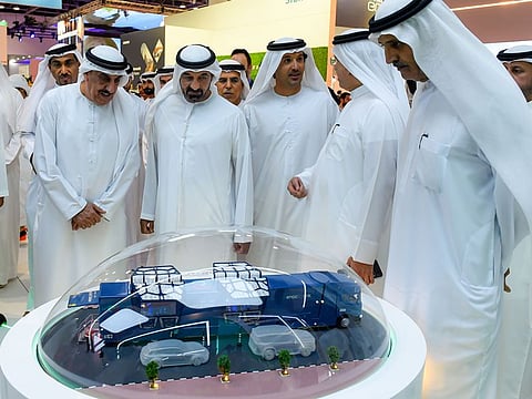 Sheikh Ahmed bin Saeed Al Maktoum, President of Dubai Civil Aviation Authority, Chairman of Dubai Airports, and Chairman and Chief Executive of Emirates Airline and Group visiting ENOC pavilion after opening WETEX & Dubai Solar Show.