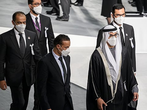 Sheikh Khaled bin Mohamed bin Zayed Al Nahyan (front and right) led the UAE’s delegation at the state funeral of former Japanese Prime Minister Shinzo Abe in Tokyo