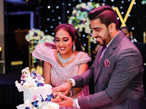 The bride’s clothes were a mix of lehengas and shararas with a pants, crop top and 6-7kg beaded cape being the dramatic choice for the after party. “The priority was Mehak doing her clothes,” says Kunaal. “Our concept was that I would have something that would align with what she was wearing, but not very in your face.”